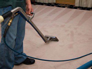 Person cleaning carpet with a professional steam cleaner.